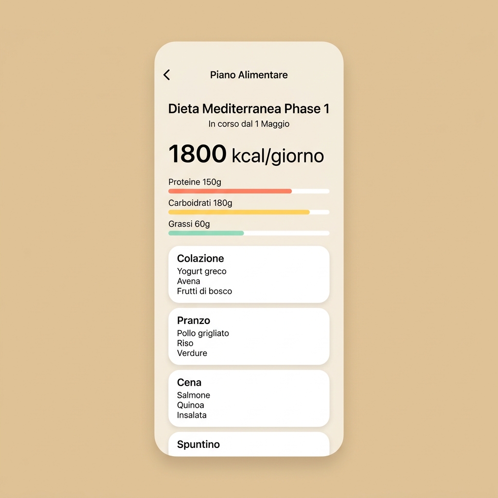 App paziente NutriFit — schermata piano alimentare con macro e pasti
