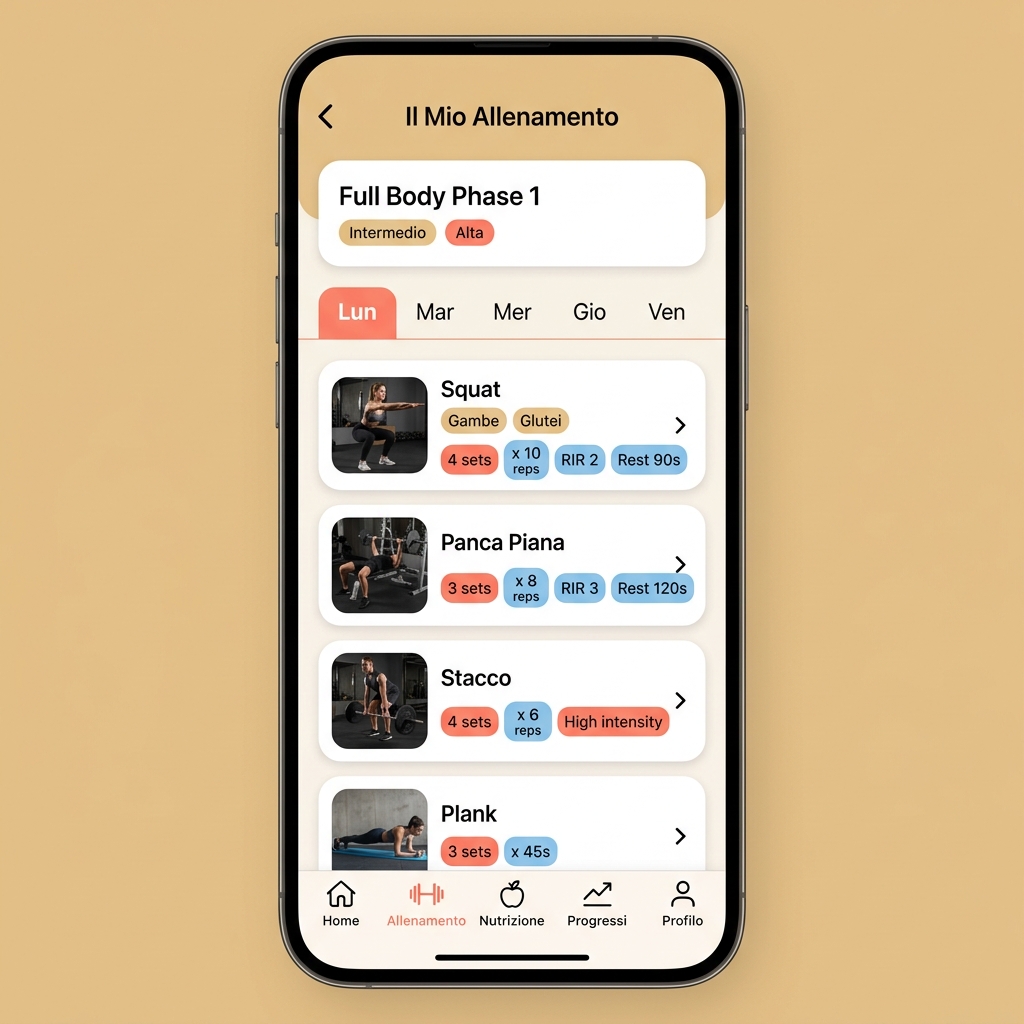 App paziente NutriFit — schermata scheda di allenamento con esercizi